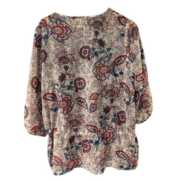 CHICO'S Cream Chinoiserie Pattern Keyhole Sheer Blouse 3/4 Sleeves Size 1, Small - Picture 6 of 9